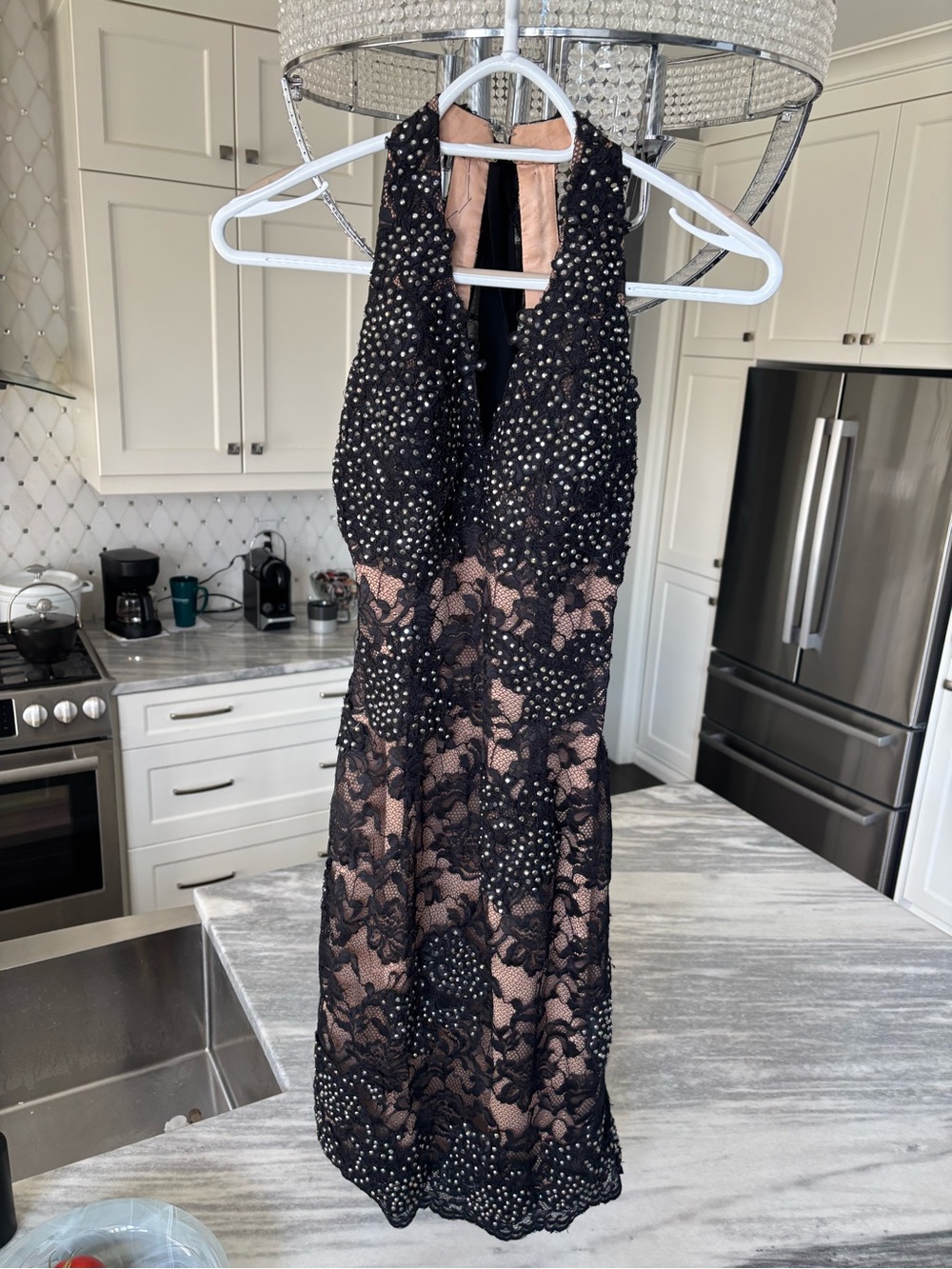 Jovani Black Lace Dress with Nude Illusion size 4 stunning little black dress